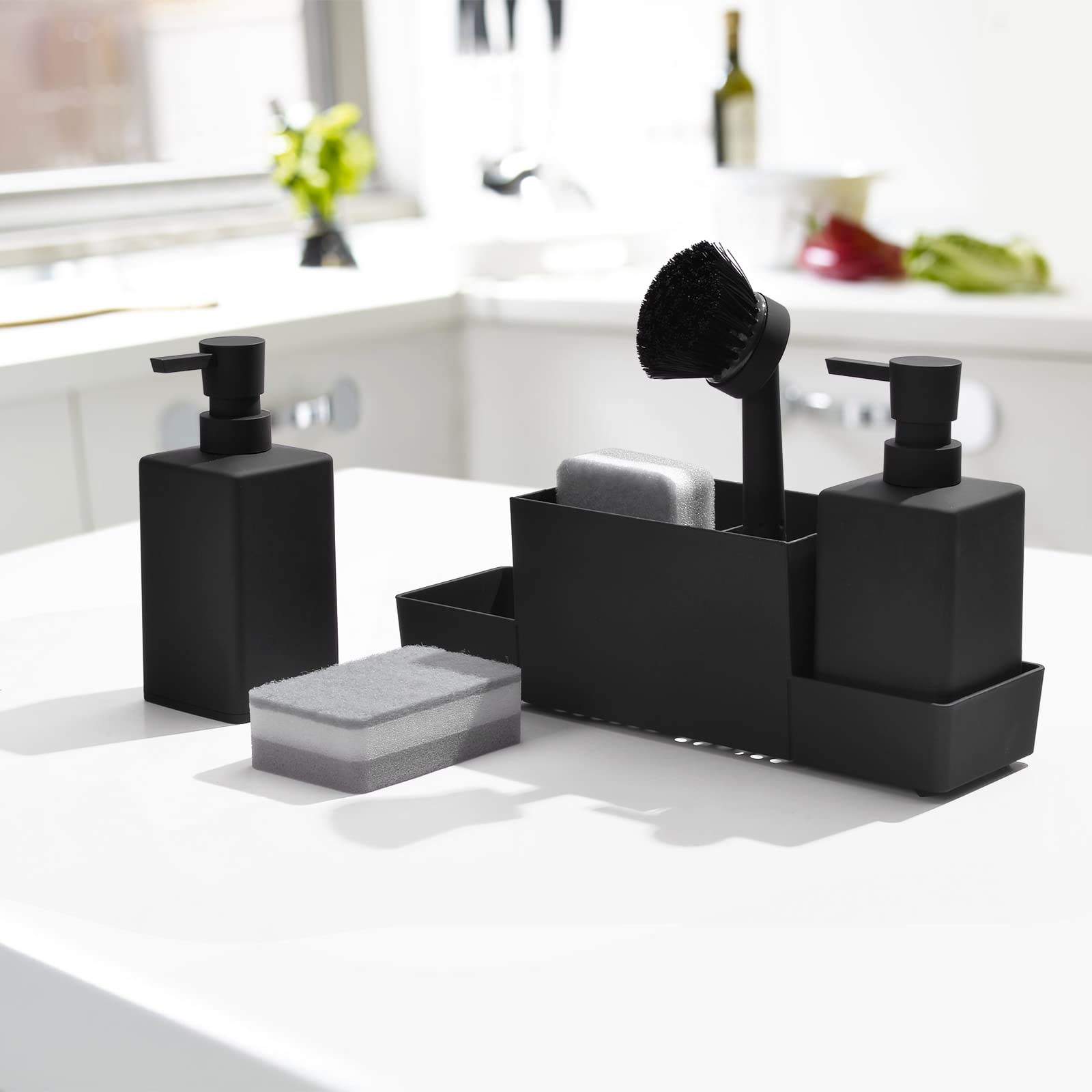 Kitchen Soap Dispenser With Sponge Holder Set For Sink Caddy, Hand Soap And Dish Soap Dispenser With Brush Matte Black